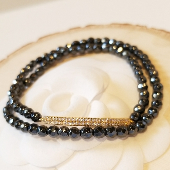 NEW Pave CZ Gold Bar Hematite Bracelet Choker - Picture 4 of 5